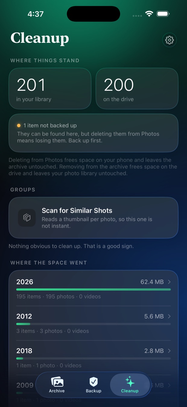 Cleanup showing the library and drive counts, and where the space went by year